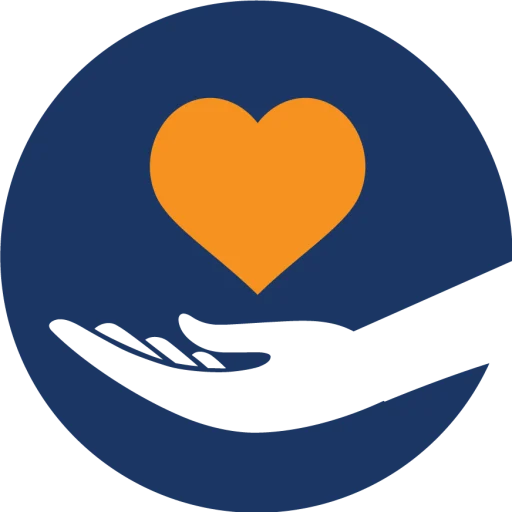 Blue icon with hand holding orange heart