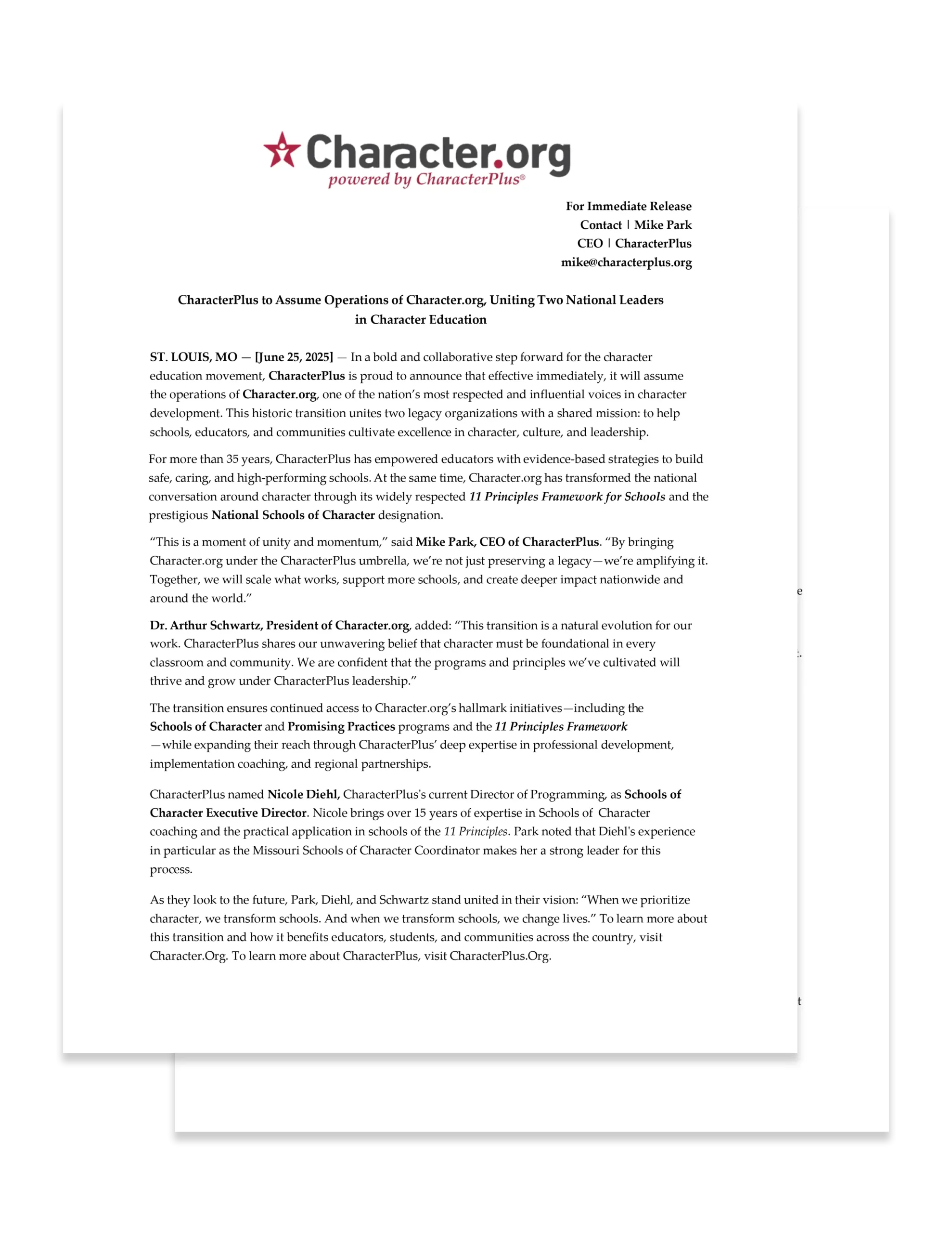 Chracter Plus Character.Org Press Release