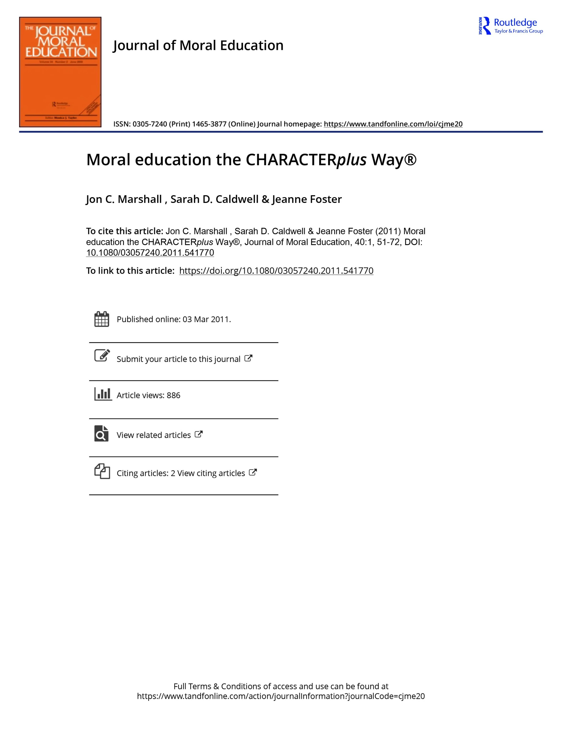 Journal of Moral Education / Moral education the Characterplus Way